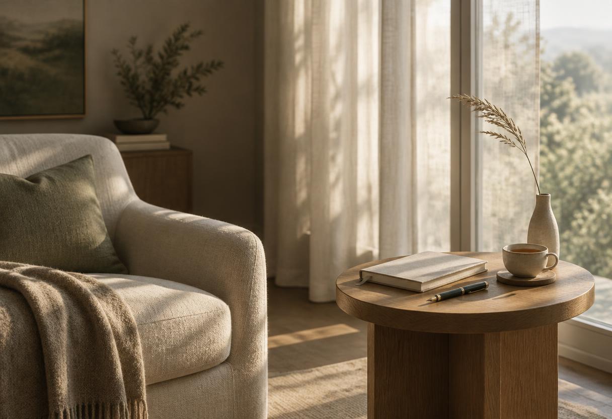 A cream armchair and oak side table with a journal, pen and tea in morning light
